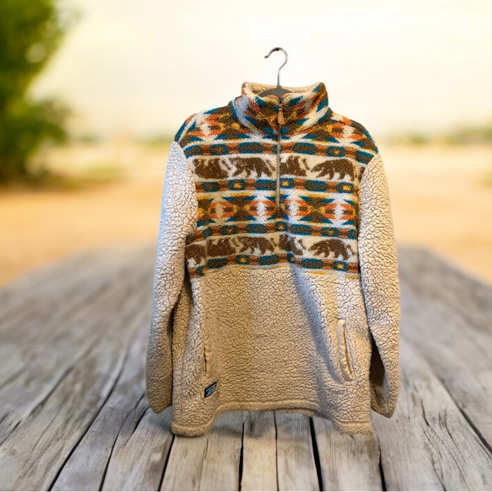 Simply Southern Quarter Zip Pullover Cream/Bear Tribal Sherpa Women’s XL Fleece